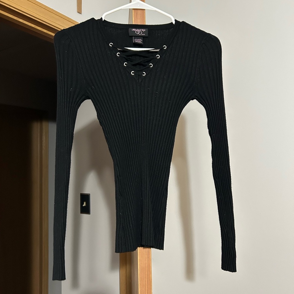 Black Lace-Up Ribbed Top